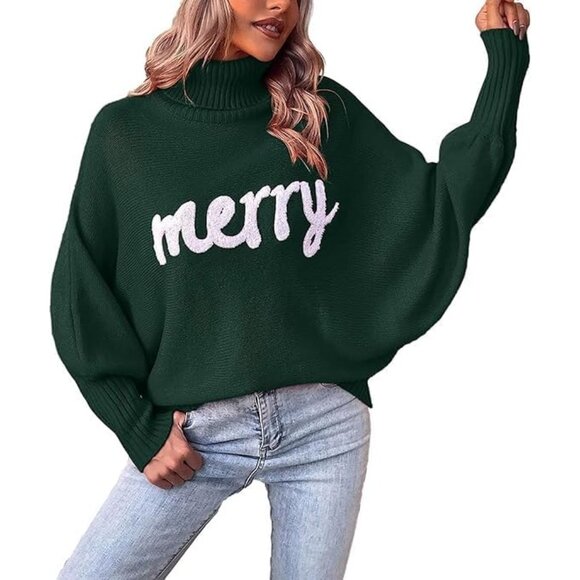 Oversized Christmas Green Sweater Women 2025 Merry Turtleneck Batwing Sleeve - Picture 7 of 7